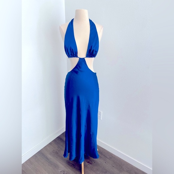 Cotton Candy LA Blue Satin Backless Midi Dress- Small - Picture 1 of 4